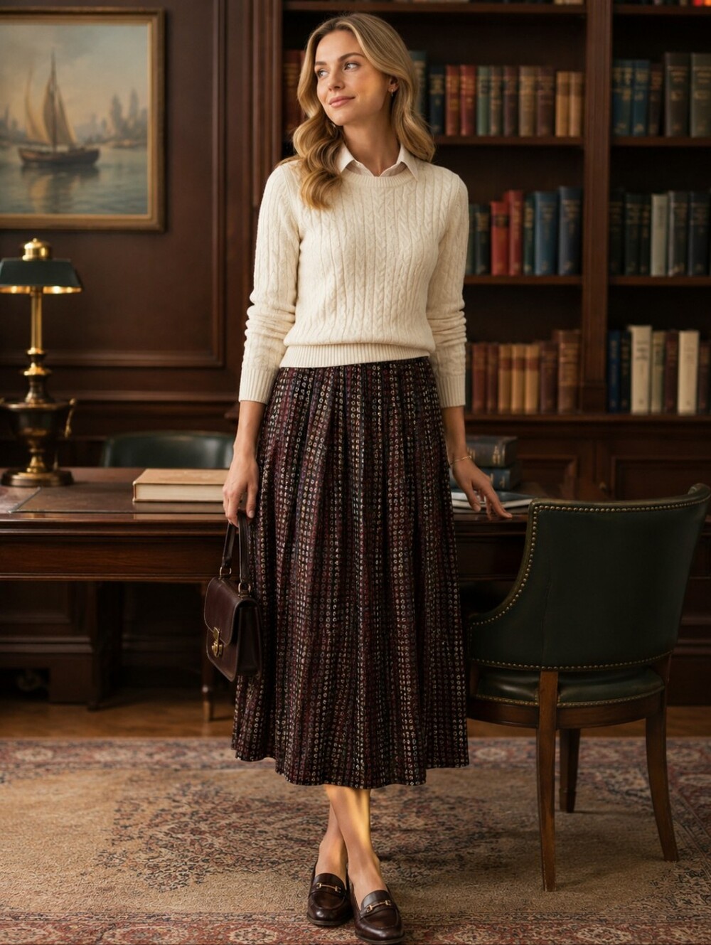 Vintage La Chine Classic by Galinda Wang Pleated A-line Midi Skirt Women's 8